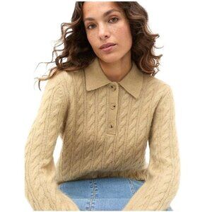 Chaps Womens L Tan Heavy Knit Old Money Beige Fisherman Collared Sweater Luxury